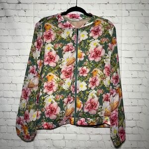La Bellum Hillary Scott Floral Bird Print Bomber Jacket Lightweight Zip Front XL
